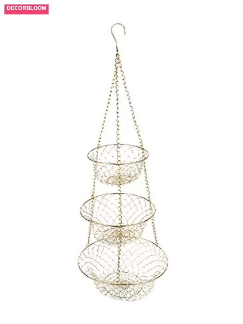 3-Tier Kitchen Hanging Fruit Basket, Gold Finish, Iron Wire, 32-Inch